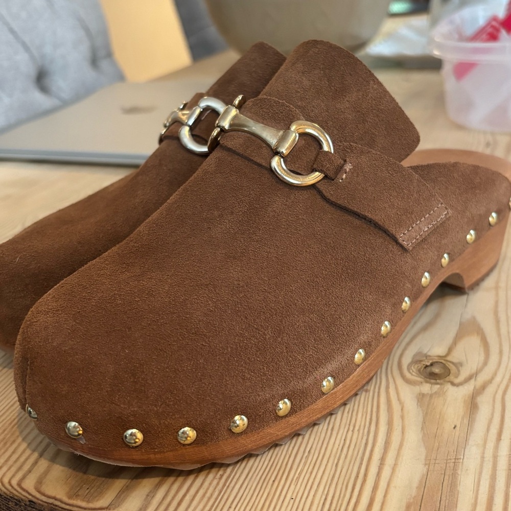 Andrea Puccini Suede Mules with Gold Detailing
